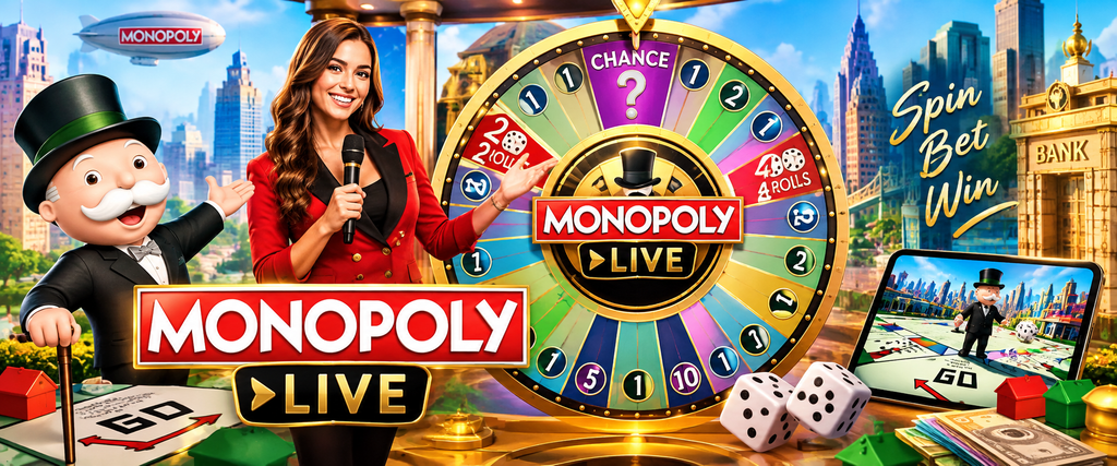 Alternative Text: MONOPOLY Live Game 2026 featuring the live game wheel, Chance, 2 Rolls, 4 Rolls, Mr. Monopoly, and a live casino host.