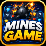 Mines Game logo with minesweeper grid, bomb, diamonds, and gold text