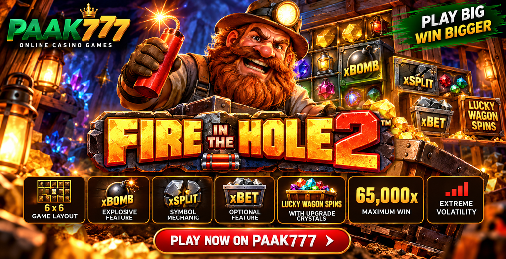 Fire in the Hole 2 Game 2026 mining-themed slot with a dwarf miner, dynamite, colorful gems, and explosive casino gameplay.