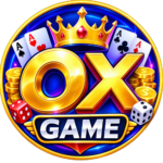 OX Game logo with golden OX lettering, crown, playing cards, coins, and dice on a blue gaming background.