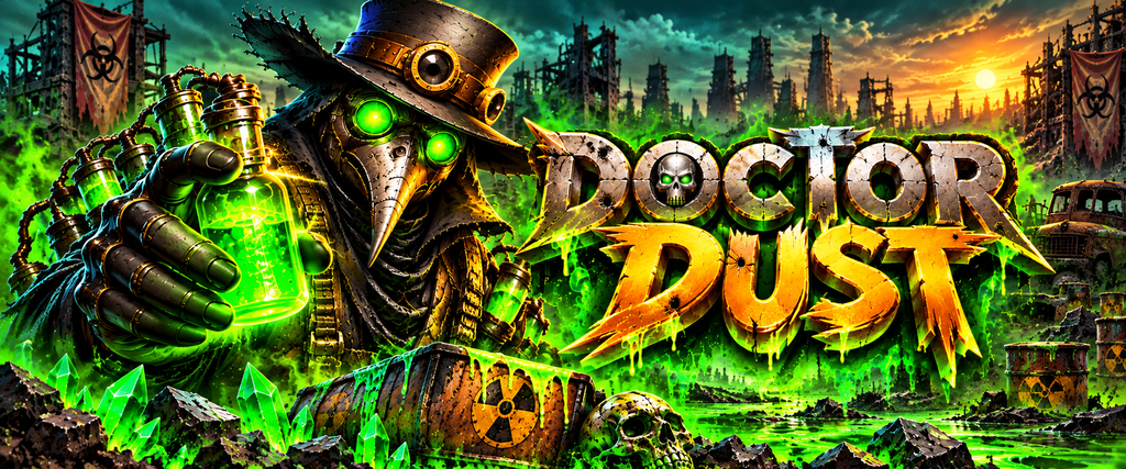Doctor Dust Game 2026 logo featuring a plague doctor, glowing green chemical vials, and metallic game title