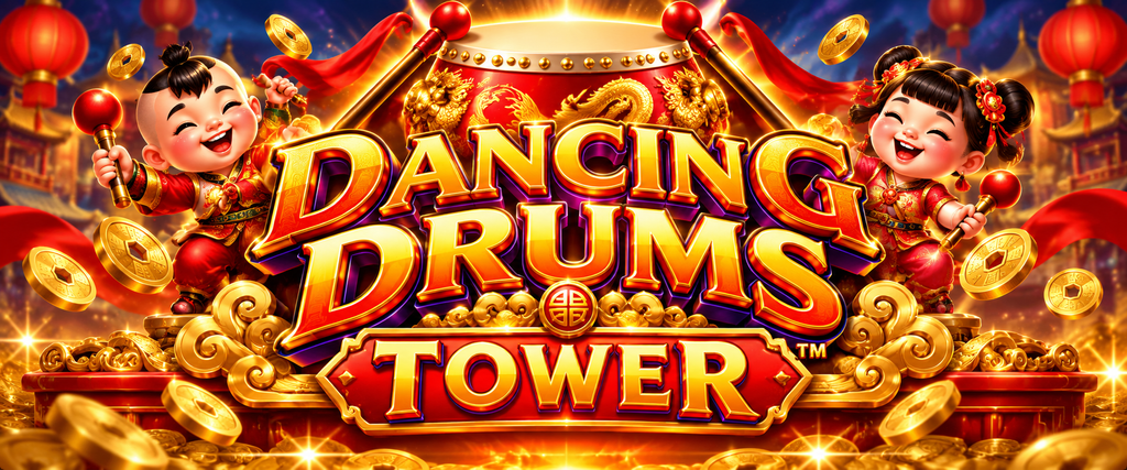 Dancing Drums Tower Game 2026 logo with golden drums, festive Chinese-inspired design and casino theme