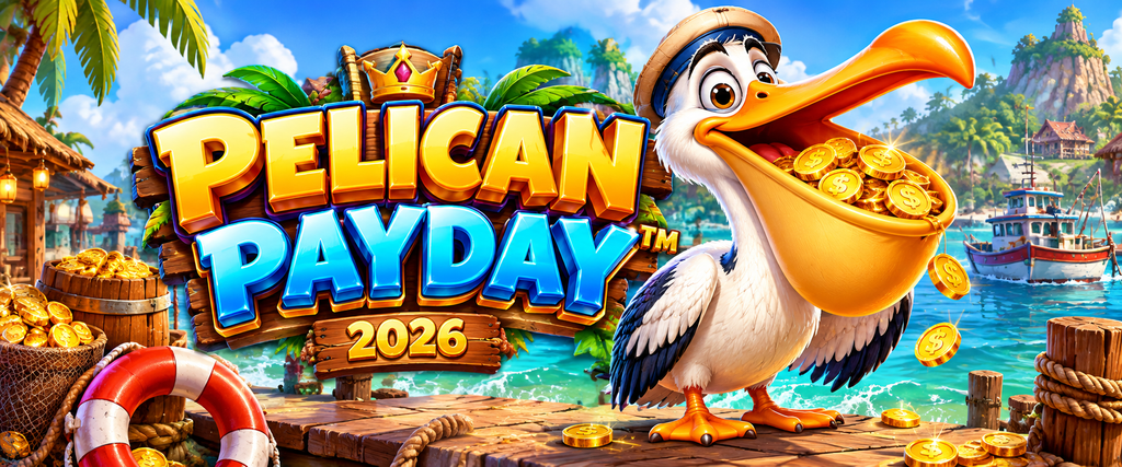 Pelican Payday Game 2026 logo featuring a cartoon pelican, golden coins, and tropical island scenery