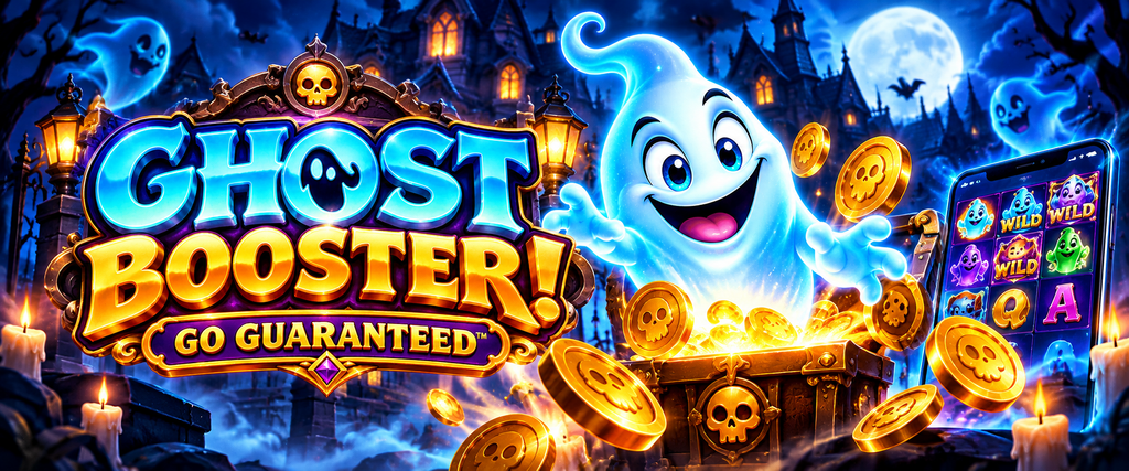 Ghost Booster! GO Guaranteed Game 2026 logo featuring a glowing blue ghost, gold coins, haunted castle, and bold game title.